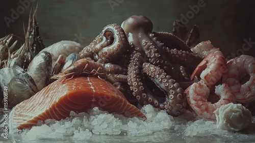 Fresh seafood assortment on ice.
