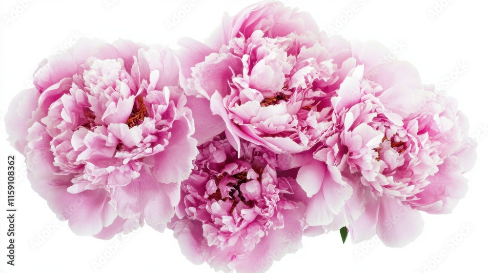 A detailed capture of a cluster of pink peonies with their layered petals, isolated white background, naturalistic composition