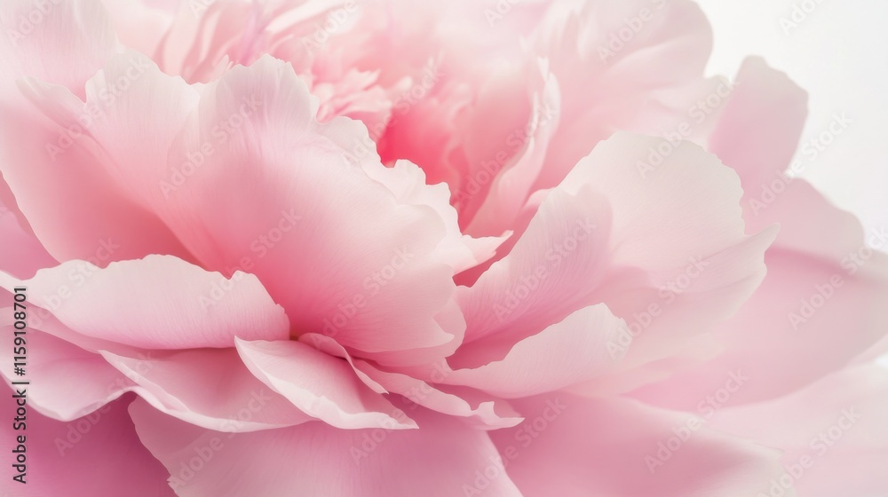 Naklejka premium A detailed close-up of a delicate pink peony bloom with layers of soft petals, isolated white background, minimalist art style