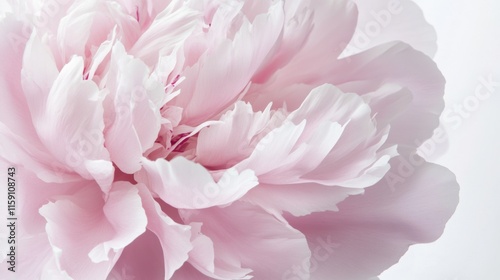 A detailed close-up of a delicate pink peony bloom with layers of soft petals, isolated white background, minimalist art style