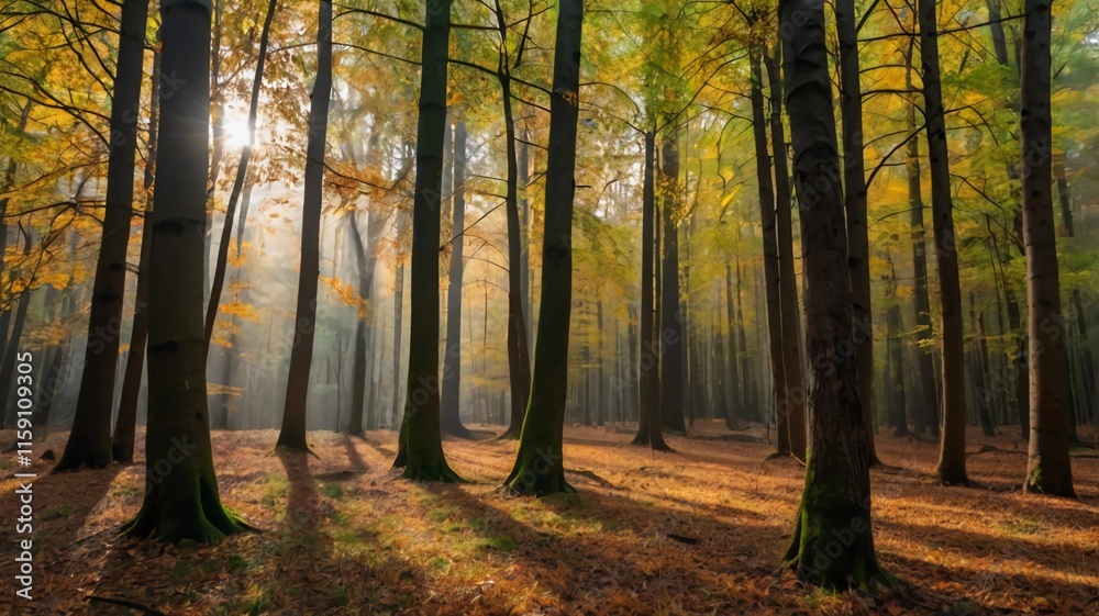 Obraz premium autumn forest trees. nature green wood sunlight backgrounds.