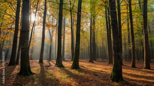 autumn forest trees. nature green wood sunlight backgrounds. photo