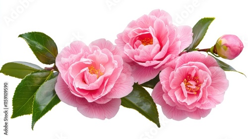 Fototapeta Naklejka Na Ścianę i Meble -  A detailed photograph of a bunch of pink camellia flowers with glossy leaves, isolated white background, expressive art style