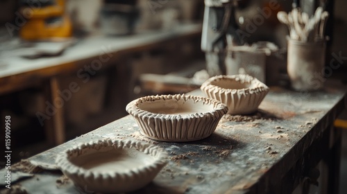 Three unfinished clay bowls on a pottery workshop table. photo