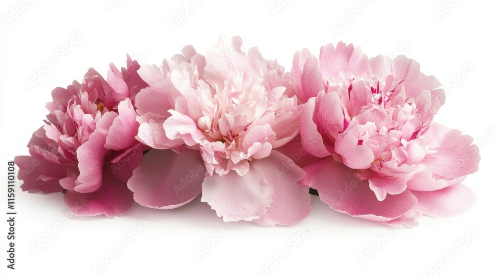 Obraz premium A detailed photograph of a cluster of pink peony flowers with delicate petals, isolated white background, minimalist art style