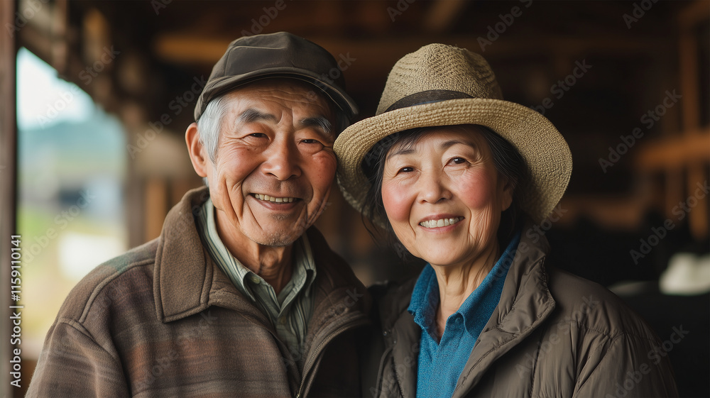 牛舎前で微笑む初老の日本人酪農家夫婦の自然光写真 牛舎前で微笑む初老の日本人酪農家夫婦の自然光写真