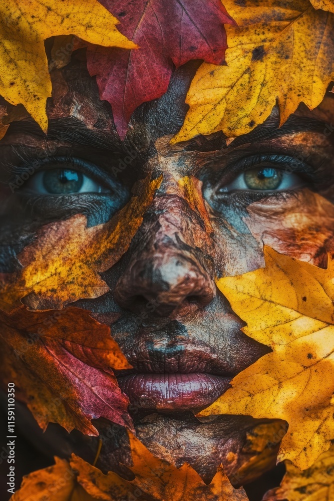 Transforming beauty with the vibrant hues of autumn leaves on a person face in a natural setting Transforming beauty with the vibrant hues of autumn leaves on a person face in a natural setting