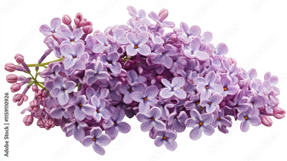 Obraz premium A detailed photograph of a cluster of purple lilac flowers with fragrant clusters, isolated white background, contemporary art style