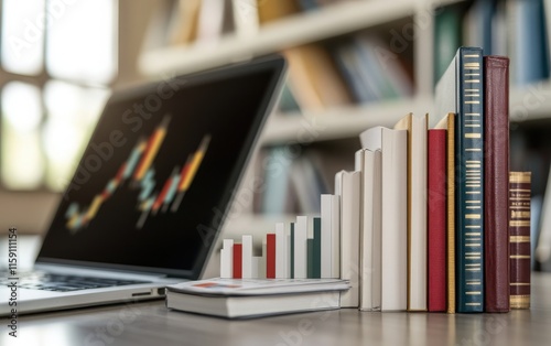 Blank white poster framed, featuring a stack of financial books and a laptop with open spreadsheet software, highlighting the importance of financial literacy and business education 