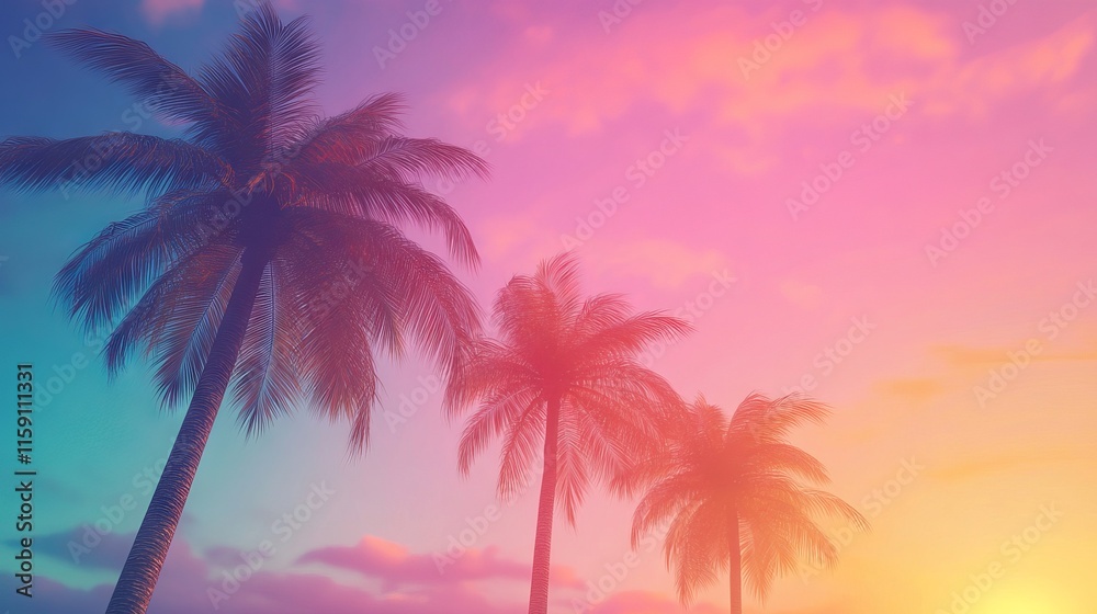 Silhouetted palm trees on a tropical beach at sunset with modern vintage tones and golden sky reflection over calm ocean waves Silhouetted palm trees on a tropical beach at sunset with modern vintage tones and golden sky reflection over calm ocean waves
