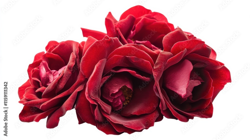 Naklejka premium A detailed photograph of a cluster of red rose flowers with dew drops, isolated white background, impressionistic art style