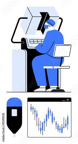 Person sits at a computer station, examining financial charts on the screen. Other elements include a handheld device and a fluctuating line graph. Ideal for tech, finance, healthcare, data analysis