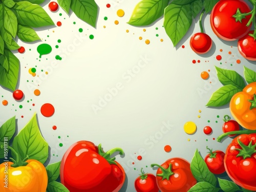 Various fresh vegetables like tomatoes, peppers, and leafy greens arranged in a natural frame with copy space in the middle, splatters, leafy greens, copy space photo