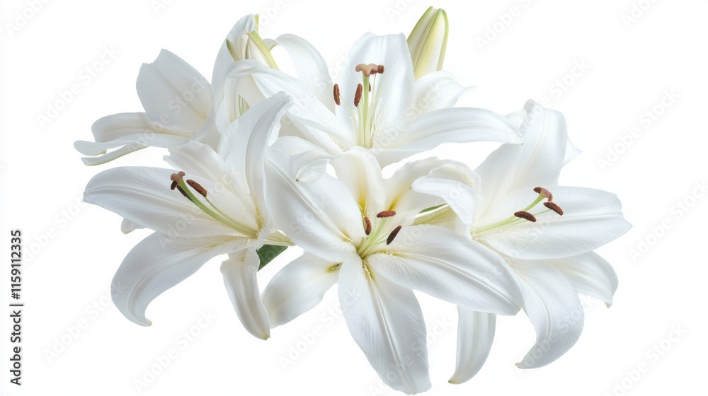 Fototapeta premium A detailed photograph of a cluster of white lily flowers with delicate petals, isolated white background, naturalistic art style