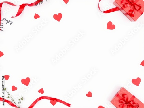 Valentine heart background with red heart romantic gift on love white background, copy space, Valentine's Day decoration for flatlay, flatlay, copy space, romantic