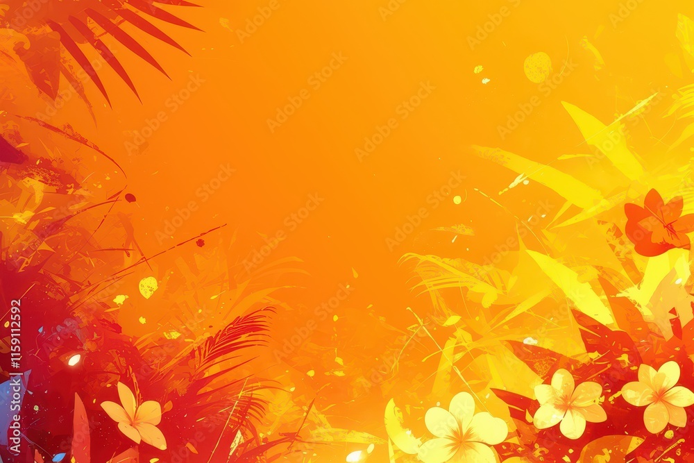 A vibrant, abstract background featuring tropical plants and flowers. A vibrant, abstract background featuring tropical plants and flowers.