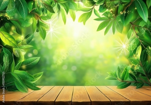 Lush Green Leaves Framing a Sunlit Background with Soft Bokeh Effects and Warm Wooden Surface Ideal for Nature Themes and Freshness Concepts