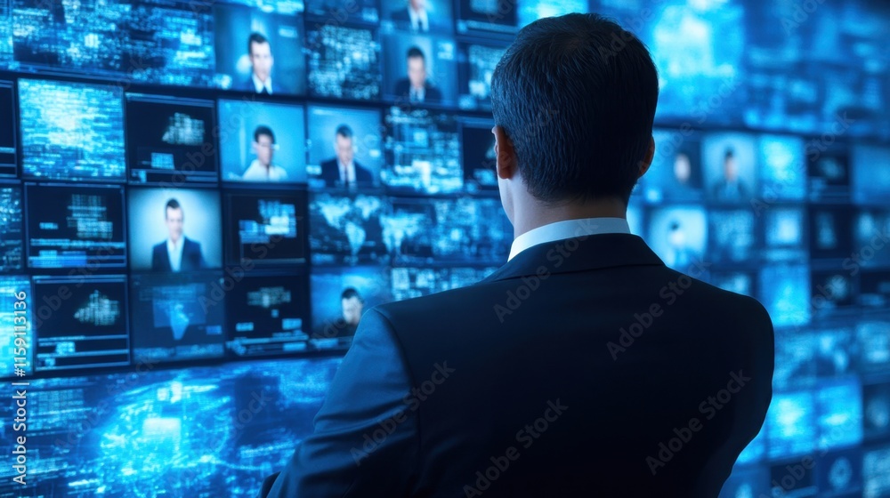 Businessman Analyzing Data on Multiple Screens in Modern Office Environment Businessman Analyzing Data on Multiple Screens in Modern Office Environment