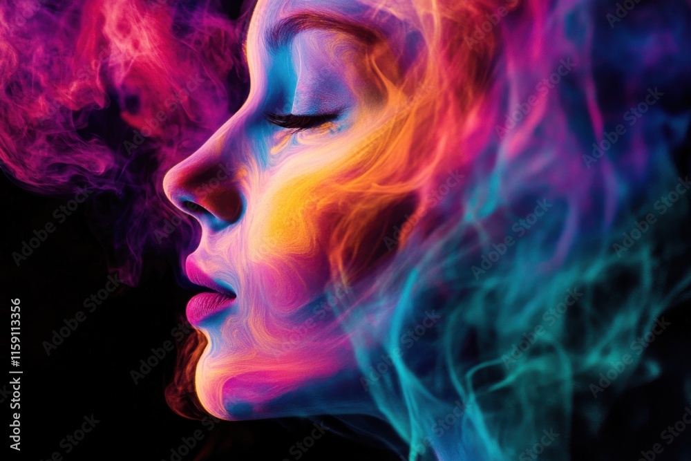 Vibrant colors envelop a person face creating an enchanting visual experience with swirling smoke Vibrant colors envelop a person face creating an enchanting visual experience with swirling smoke