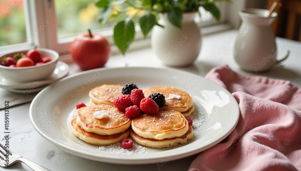 Cozy Valentine's breakfast with heart-shaped pancakes and berries, love