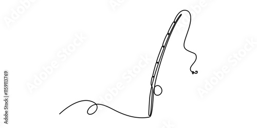 One continuous drawn single art line sketch fishing rod, spinning rod, reel, tackle, Continuous one line drawing of a fish on a rod. Fishing hobby concept. Simple vector illustration, Minimalist style