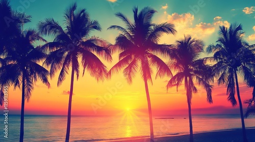 Silhouetted palm trees on a tropical beach at sunset with modern vintage tones and golden sky reflection over calm ocean waves