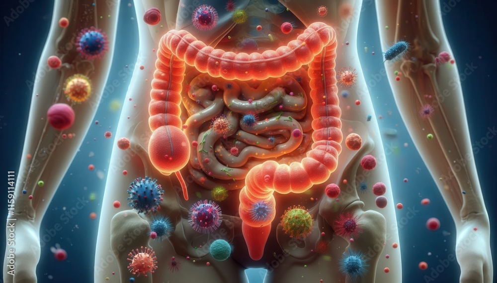 Human digestive system with bacteria, viruses and other pathogens...Concept: Human intestinal health and its susceptibility to harmful microorganisms. Human digestive system with bacteria, viruses and other pathogens...Concept: Human intestinal health and its susceptibility to harmful microorganisms.