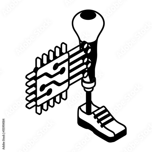 myoelectric prostheses Limb devices isometric vector, Artificial general intelligence symbol, Natural Language Processing sign, Machine and Deep Learning illustration AI-powered prosthetic Leg concept