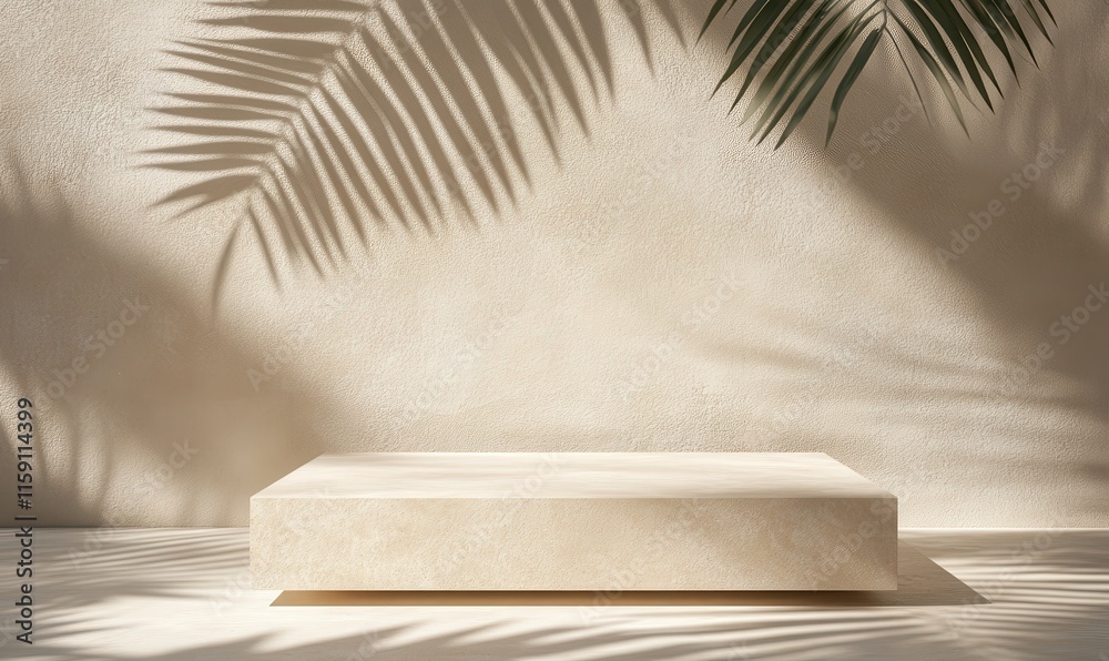 Minimalist display platform with soft shadows cast by tropical palm leaves, showcasing a serene and modern interior aesthetic in natural sunlight. Minimalist display platform with soft shadows cast by tropical palm leaves, showcasing a serene and modern interior aesthetic in natural sunlight.