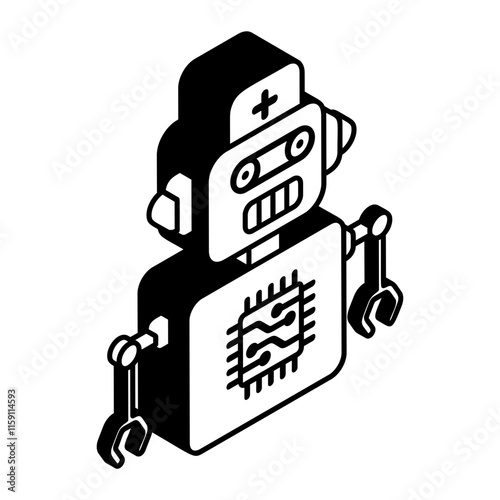 cybernetics Biorobot isometric vector, Artificial general intelligence symbol, Natural Language Processing sign, Machine and Deep Learning stock illustration Caregiver Robots Programed with AI concept