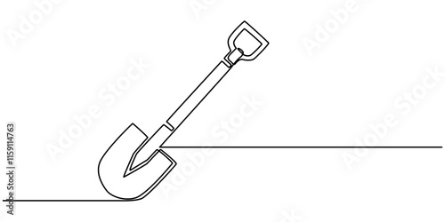 Shovel, dig, construction, cleaning one line art. Continuous line drawing of repair, professional, hand, people, concept, support, maintenance, Line Art Spade Tool Illustration. Scoop Sketch. 