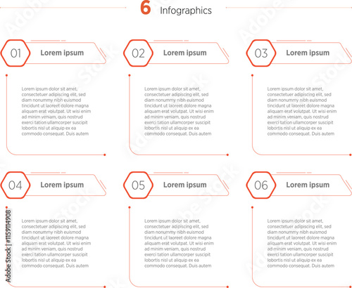 Business infographics design for Six Step, option, parts or process. Infographic 6 element design template for presentation. process diagram, step banner, flow chart, 6 option template.