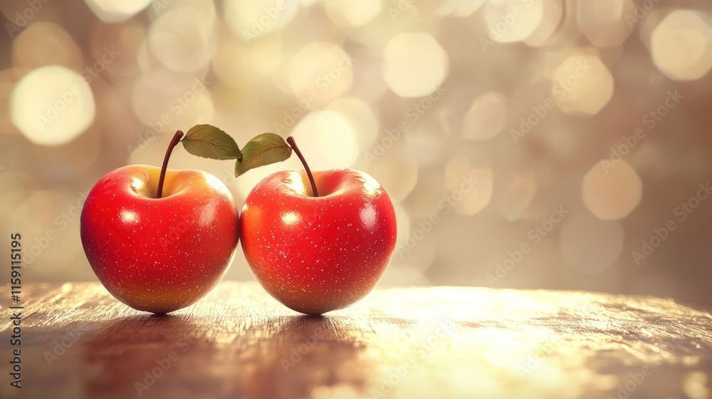 Obraz premium Two red apples touching on wooden table.
