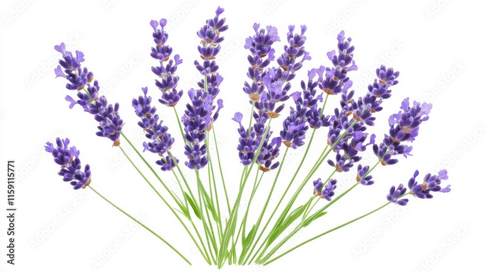 Obraz premium A detailed shot of a cluster of purple lavender flowers with their aromatic spikes, isolated white background, artistic composition
