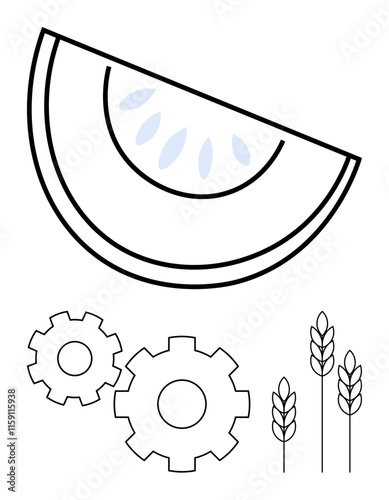 Black outline of a half fruit with seeds, two gears, and three wheat stalks. Ideal for farming, technology, innovation, organic produce, agritech solutions, food processing sustainable practices