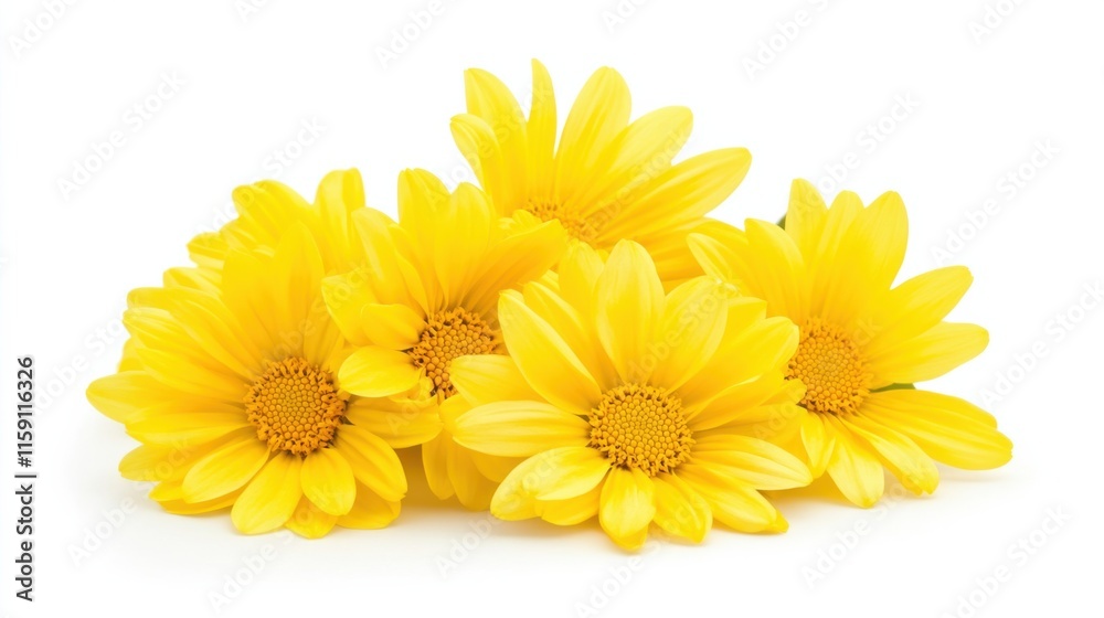A detailed shot of a cluster of yellow daisies with bright centers, isolated white background, minimalist composition A detailed shot of a cluster of yellow daisies with bright centers, isolated white background, minimalist composition