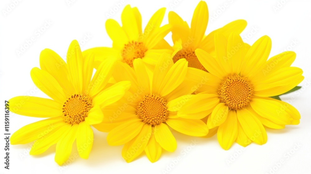 A detailed shot of a cluster of yellow daisies with bright centers, isolated white background, minimalist composition A detailed shot of a cluster of yellow daisies with bright centers, isolated white background, minimalist composition