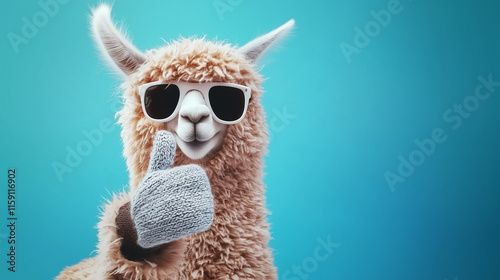 Alpaca in sunglasses and gloves showing thumb up isolated on blue background
