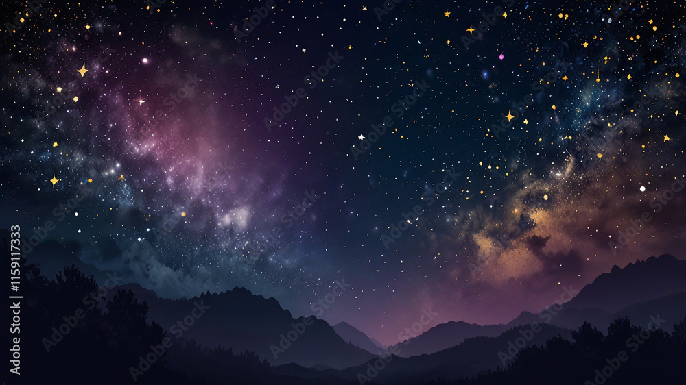Fototapeta premium Magical Valentine’s Day background featuring a starry night sky with twinkling stars, some forming soft heart shapes, in deep navy and purple tones with gold highlights.