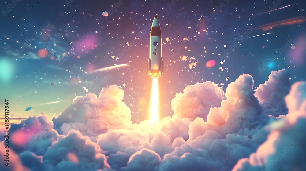 Fototapeta premium Rocket Launching Through Colorful Clouds Into Space