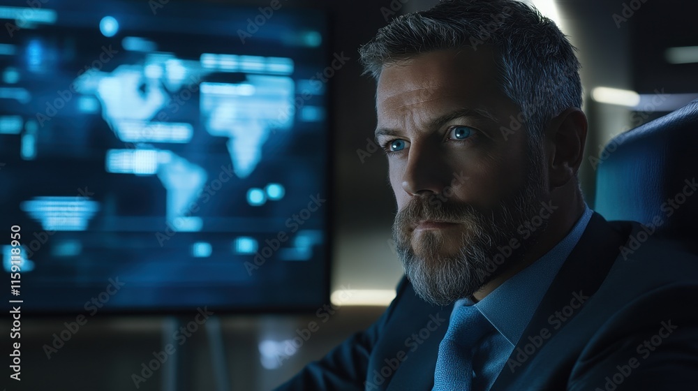 Professional Man in Suit with Technology Background and Screen Professional Man in Suit with Technology Background and Screen