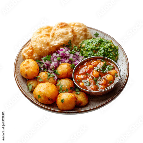 Delicious Indian street food puri, aloo tikki, chana masala png isolated on transparent background photo