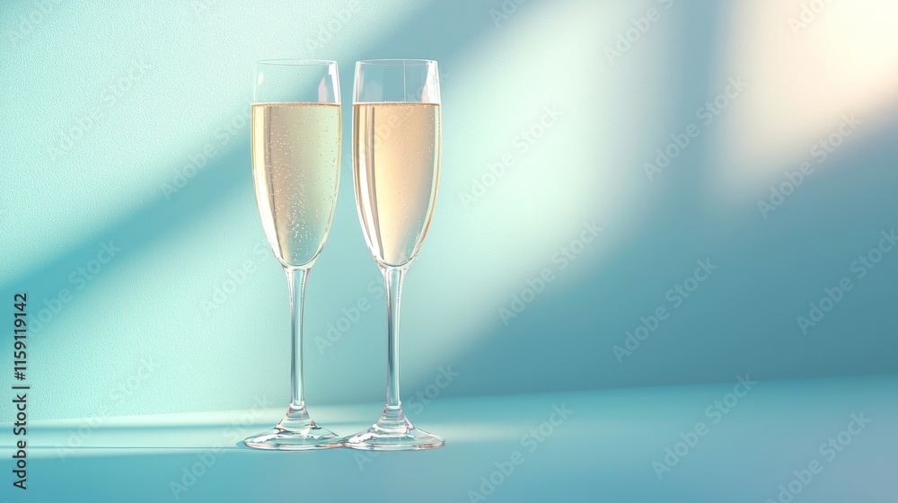 Two elegant champagne flutes filled with bubbly drink, set against a soft turquoise background, in a serene and minimalistic composition. Two elegant champagne flutes filled with bubbly drink, set against a soft turquoise background, in a serene and minimalistic composition.