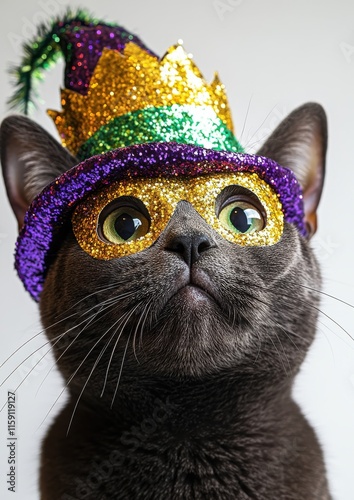 Playful Cat in Sparkling Masquerade Hat and Mask Celebrating Festivity with Joyful Expression and Colorful Accessories for Party Theme
