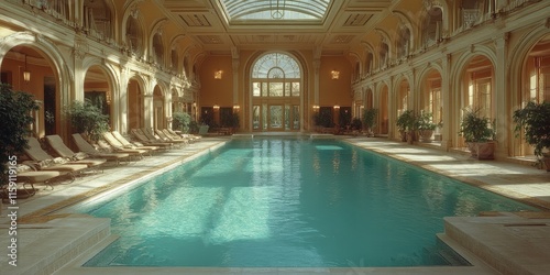 Luxurious Indoor Swimming Pool Area with Lounge Chairs and Elegant Lighting