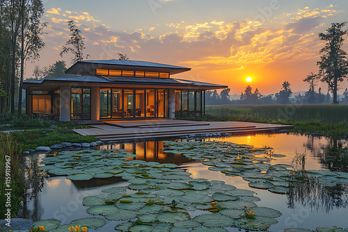 A stunning final shot of a completed eco-friendly building under a radiant sun, showcasing sustainable architecture, modern design, and a harmonious connection with nature photo