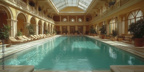 Luxurious Indoor Swimming Pool Area with Lounge Chairs and Elegant Lighting