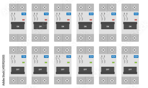Double pole circuit breaker set rated 10 to 63 Amperes. Vector illustration isolated on white