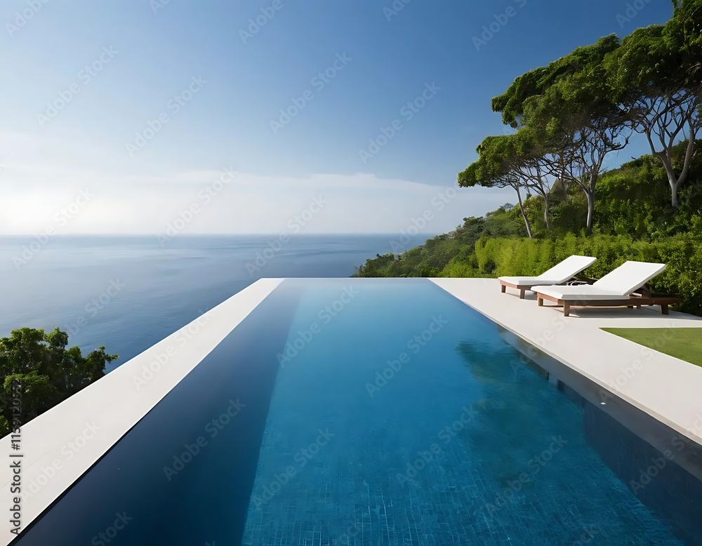 Fototapeta premium Infinity Pool Overlooking Ocean View With Lounge Chairs