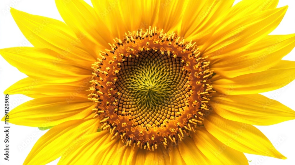 A detailed shot of a yellow sunflower with its intricate center and bright petals, isolated white background, minimalistic art style A detailed shot of a yellow sunflower with its intricate center and bright petals, isolated white background, minimalistic art style